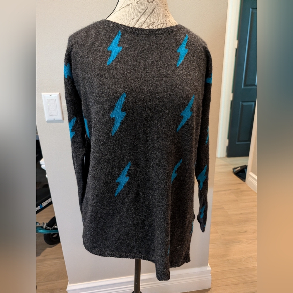 Skull Cashmere Grey With Blue Lightning Bolts Sweater